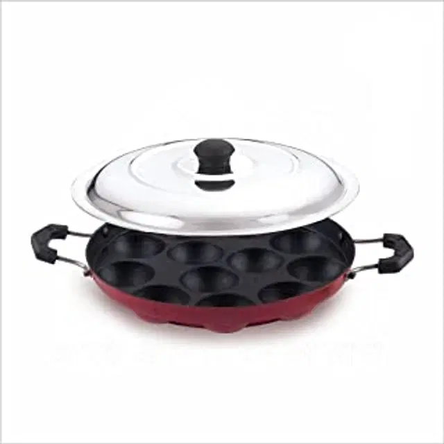 ZODEX 12 Cavities Non Stick Appam Patra with Lid and Side Handle, Multicolor, 21 cm