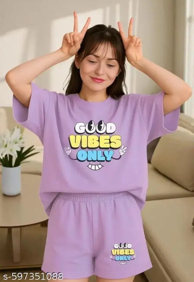 Cotton Blend Printed Top & Bottom Set for Women, Purple (XS)