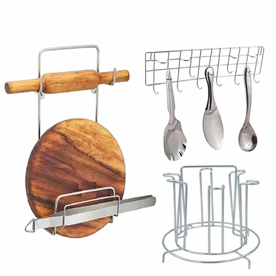 Oc9 Stainless Steel Glass Stand & Chakla Belan Stand & Wall Mounted Ladle Hook Rail For Kicthen
