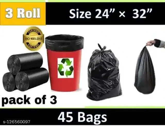 Biodegradable 15 Pcs Garbage Bags, Black, 24x32 inches, Pack of 3