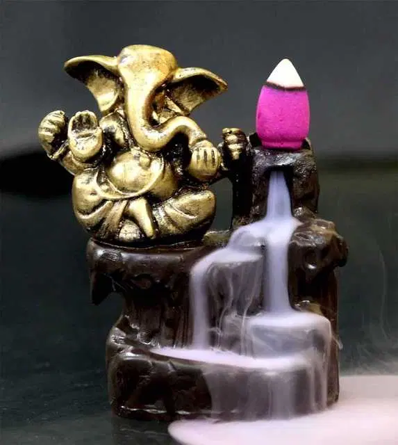 Ganesh Showpiece Figurine Cone Incense Holder, Golden, Hv-09