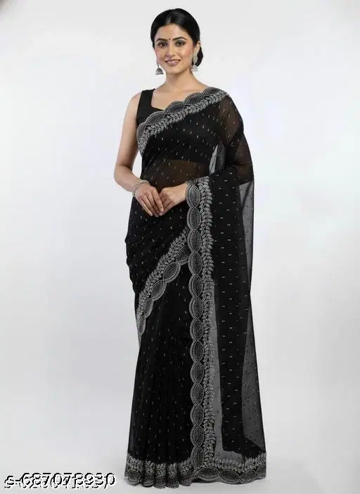 Georgette Embellished Saree For Women, Black