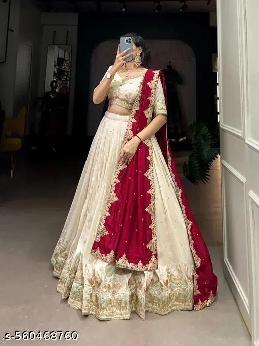 Lehenga Choli for Women (White, Un Stitched)