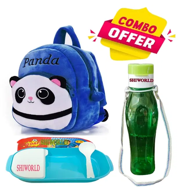 Combo of Fabric School Bag, Water Bottle with Lunch Box for Kids, Multicolor, Set of 3