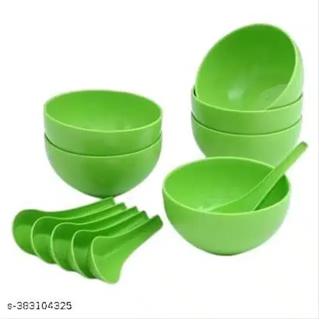 Plastic 6 Pcs Bowls, 250 ml with 6 Pcs Spoons, Green, Set of 2