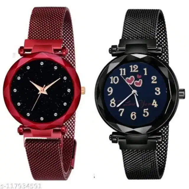 Analog Watch for Women, Set of 2 (Maroon & Black)