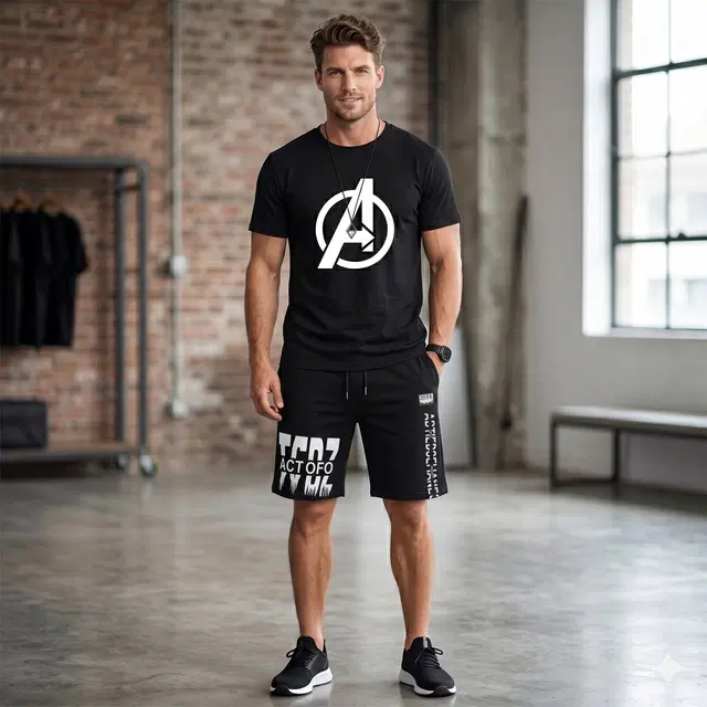 Stylish T Shirt and Shorts Set for Men, Pack of 2 (Black, M)