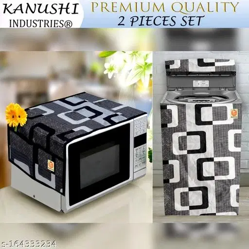 KANUSHI Industries® Microwave / Oven Top Cover With 4 Utility Pockets + 1 Pc Top Load Fully Automatic Washing Machine Cover (Color : Black)(MICRO+WASMAC-FULLY-BLACK-BOX)