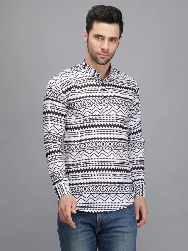 Cotton Blend Printed Kurta for Men (White, M)