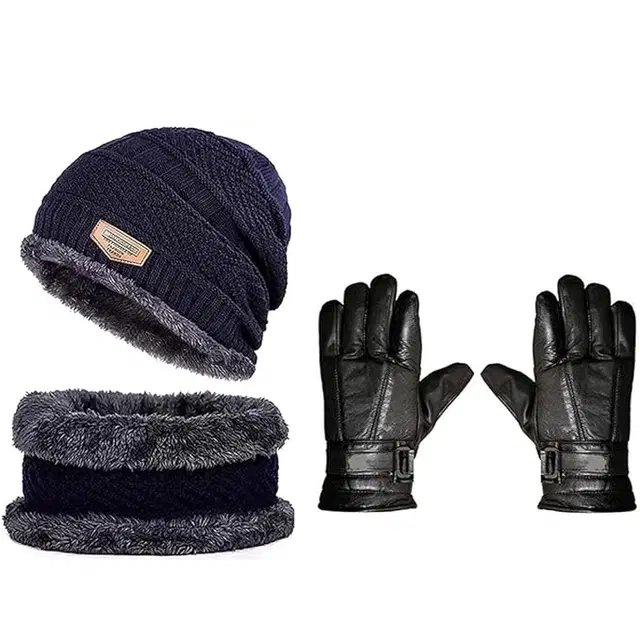 Combo of Woolen Beanie Cap with Neck Warmer & Hand Gloves for Men & Women, Set of 2 (Navy Blue & Black, Free Size)