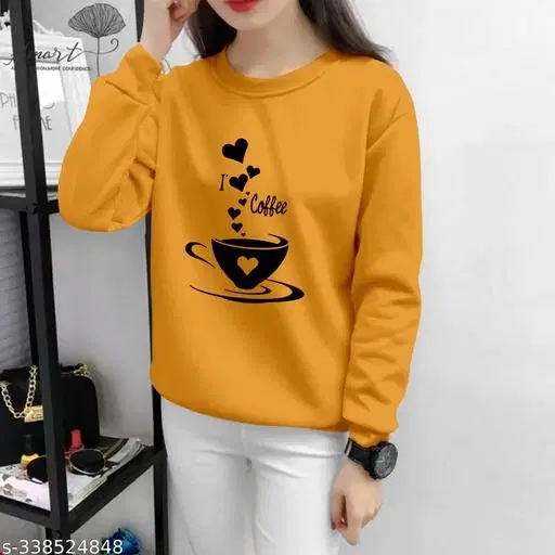 Cotton Printed Sweatshirt for Women (Yellow, S)