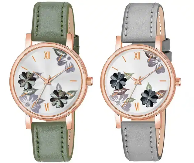 Designer Leather Analog Watch for Women & Girls, Pack of 2 (Green & Grey)