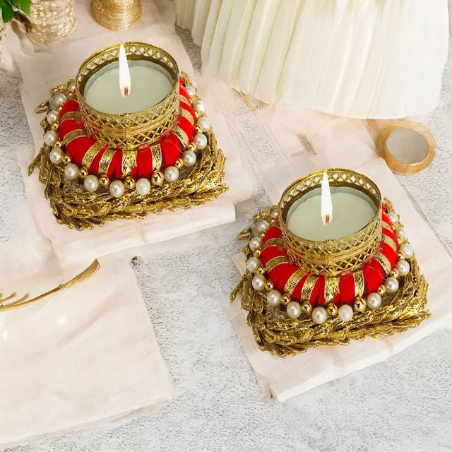 Metal Designer Tealight Candle Holder, Red, 9.5x9.5x4 cm, Pack of 2