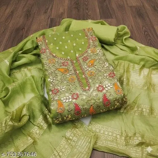 Silk Blend Embroidered Unstitched Suits for Women (Green, Free Size)