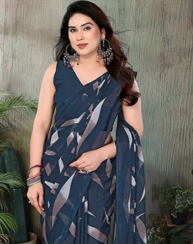 Georgette Saree for Women, Floral (Blue, Free Size)