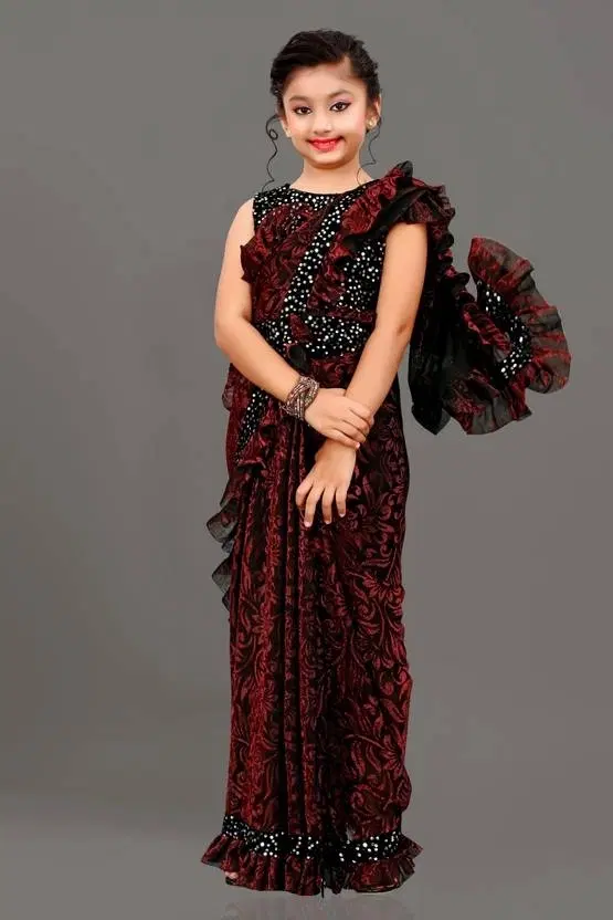 Silk Embellished Saree for Women Red, (10-12 Years)