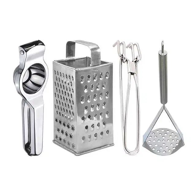 Oc9 Stainless Steel Lemon Squeezer & 4 in 1 Grater Or Slicer & Utility Pakkad & Potato Masher Kitchen Tool Set, O-121