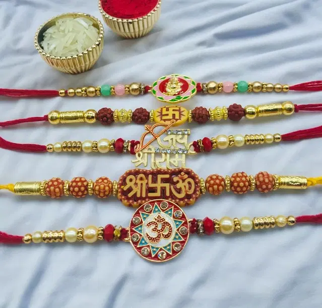 Handmade Designer Rakhi with Roli Chawal, Multicolor, Pack of 5