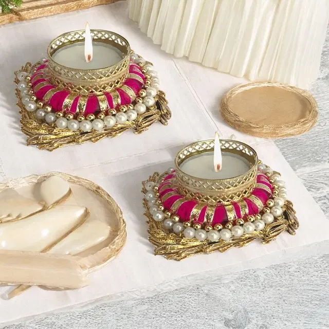 Metal Designer Tealight Candle Holder, Pink, 9.5x9.5x4 cm, Pack of 2