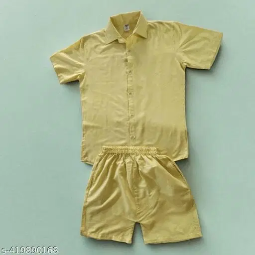 Cotton Solid Top & Bottom Set for Men (Yellow, L)