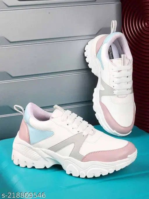 Colorblocked Synthetic Sneakers for Girls (White, 13-14 Years)