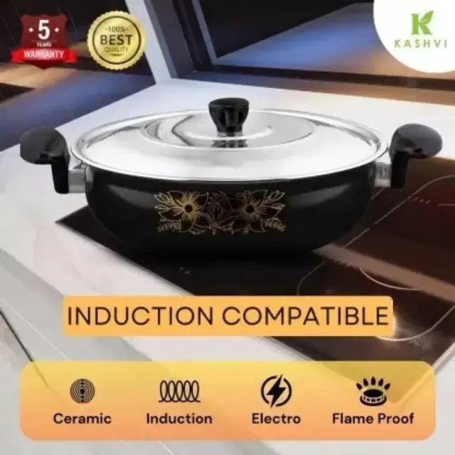 Cast Iron Kadai with Lid, Black & Silver, 28 cm