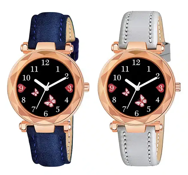 Designer Leather Analog Watch for Women & Girls, Pack of 2 (Blue & Grey)