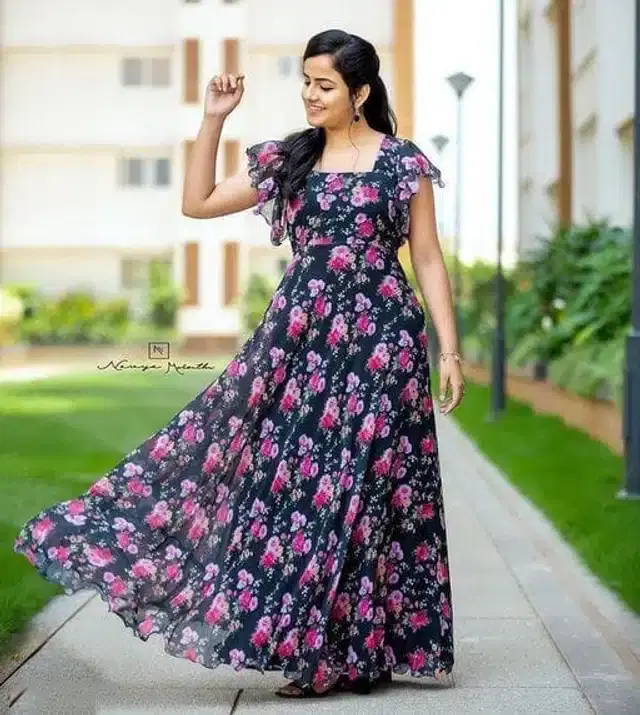 Women's Floral Print Anarkali Gown (Navy Blue, M)