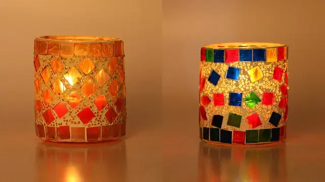 Glass Decorative Tea Light Holders, Multicolor, Pack of 2