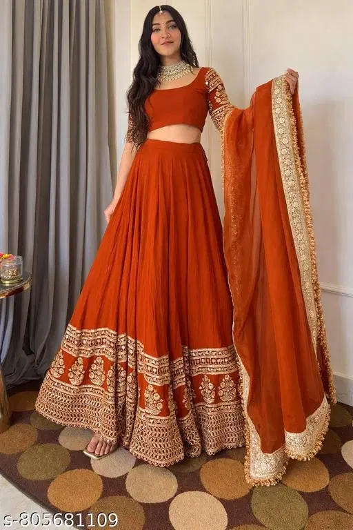 Lehenga Choli for Women (Orange, Semi Stitched)