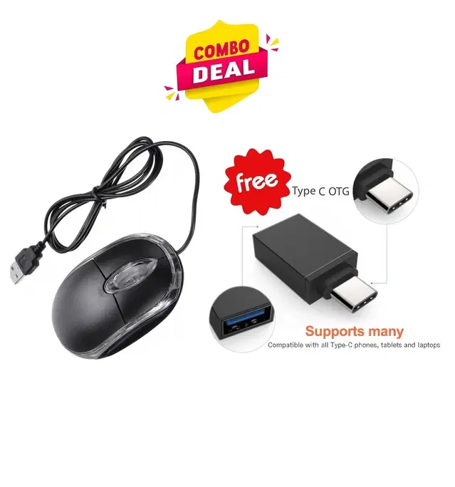 Mini Wired USB Optical Mouse with OTG Type C, Black, Set of 2