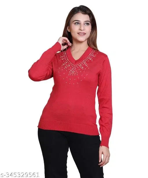 Acrylic Embellished Sweater for Women (Red, M)
