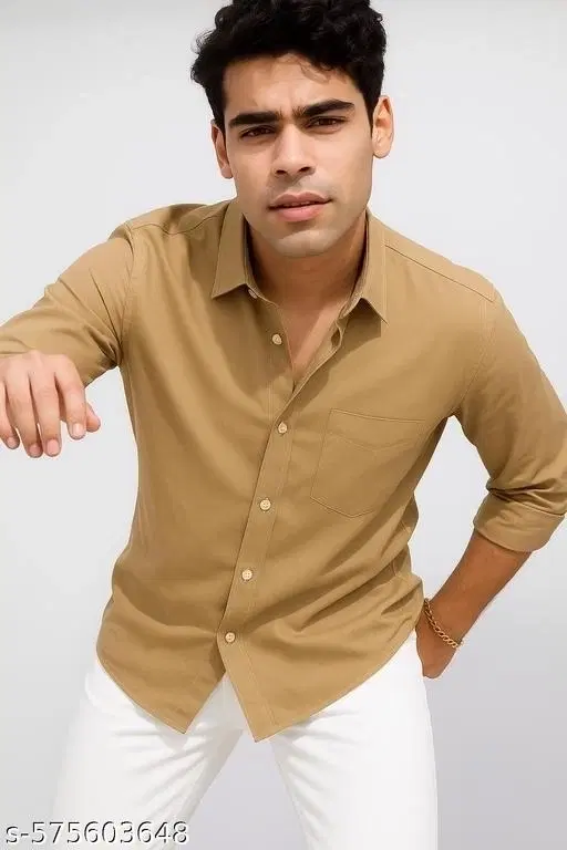 Poly Blend Shirts for Men, Light Tan (L)