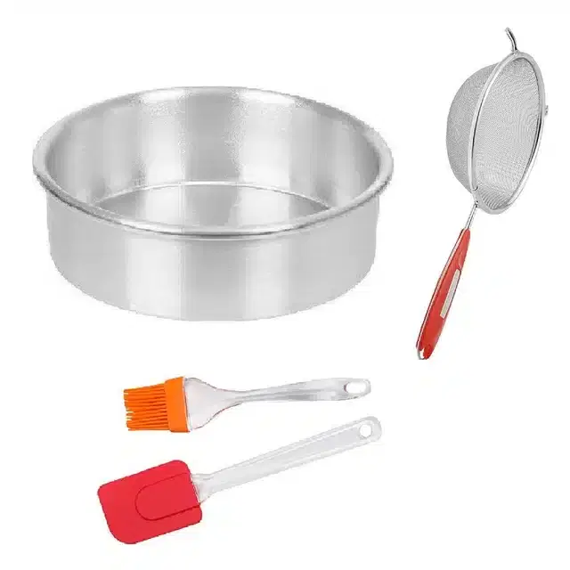 Aluminium Cake Mould with Stainless Steel Soup Strainer & Silicone Spatula Set, Pack of 4, Multicolor