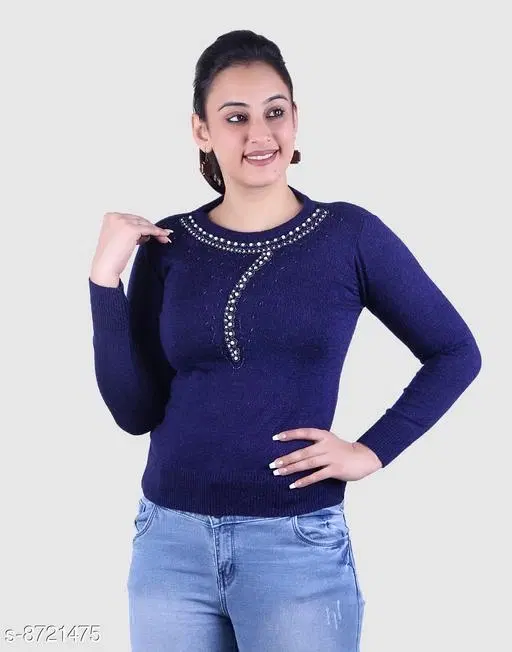 Acrylic Embellished Sweater for Women (Blue, M)