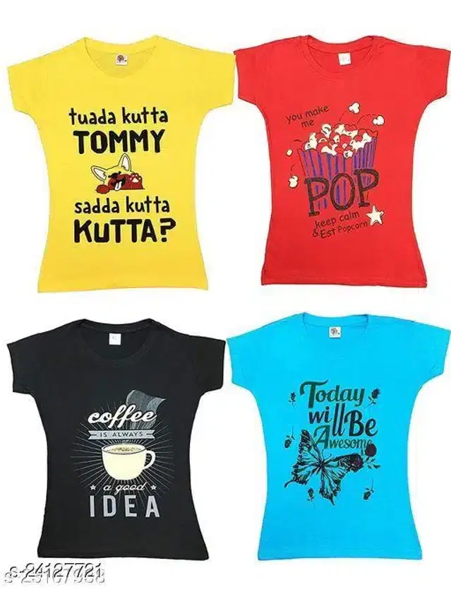 Cotton Half Sleeves T-Shirt for Girls, Pack of 4 (Multicolor, 12-18 Months)