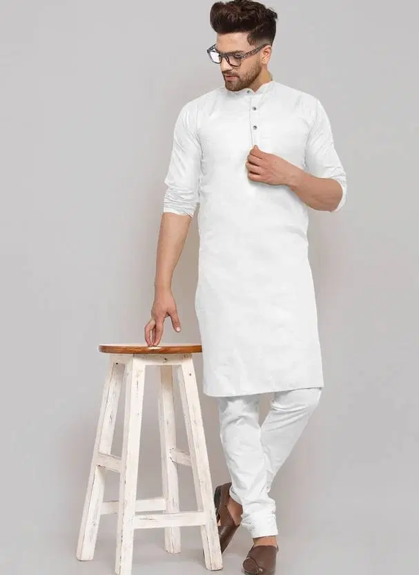 Cotton Blend Solid Kurta with Pyjama Set for Men, White (M)