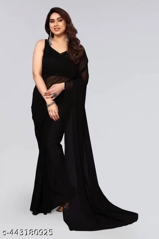 Georgette Solid Saree for Women, Black (6.3 M)