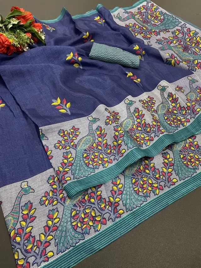 Printed Kalamkari Assam Art Silk Saree with Blouse for Women (Navy, Free Size)