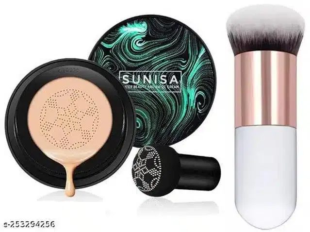 Foundation Brush & Foundation with Mushroom Head Air Cushion, Beige & White, Set of 4