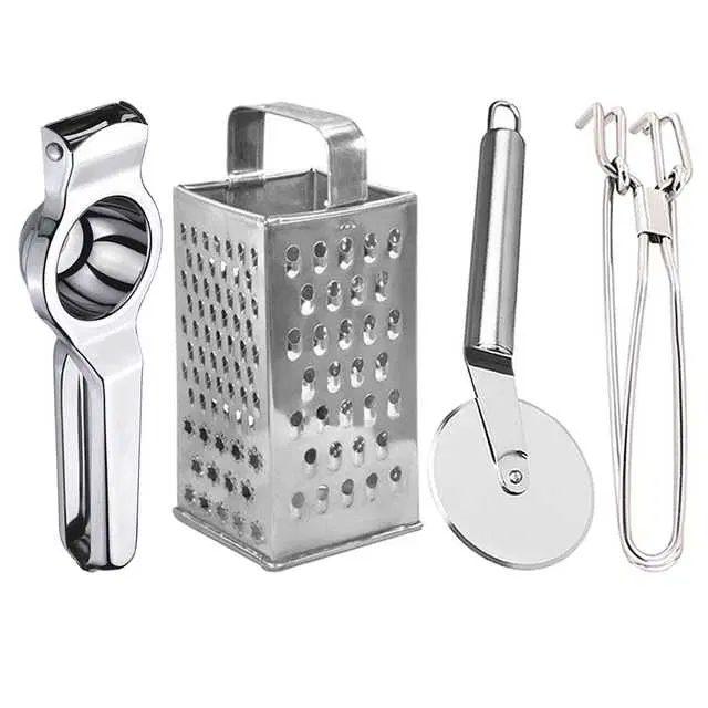 Oc9 Stainless Steel Lemon Squeezer & 4 in 1 Grater Or Slicer & Pizza Cutter & Utility Pakkad Kitchen Tool Set, O-109