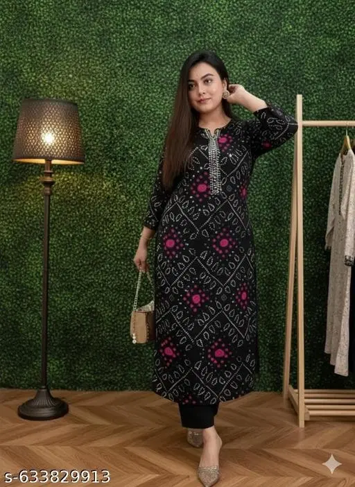 Rayon Ethnic Motif Kurta Set with Gota Work for Women (Black, XXL)
