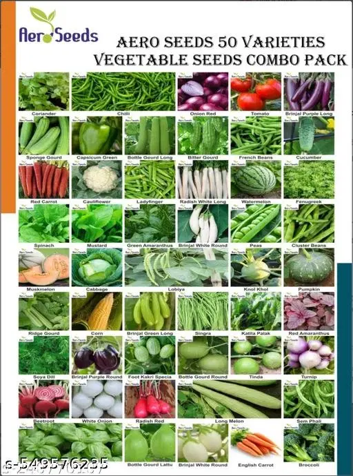 Aero Seeds 50 variety vegetable seeds combo pack with instruction manual.