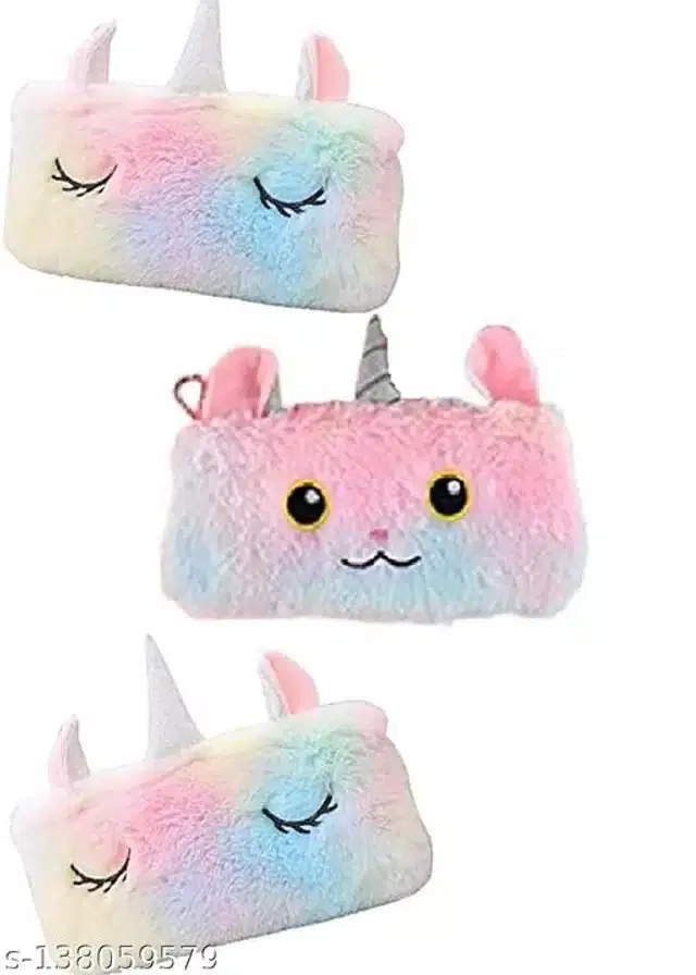 Unicorn Fur Pencil Pouch, Multicolor, Pack of 3