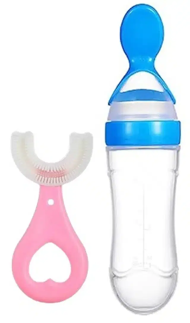 Silicone Baby Feeder Sipper, 90 ml with U-Shape Brush, Blue & Pink, Set of 2