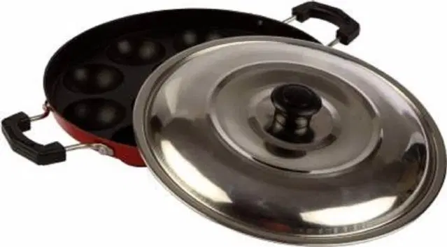 ZODEX 12 Cavities Non Stick Appam Patra with Lid and Side Handle, Multicolor, 21 cm