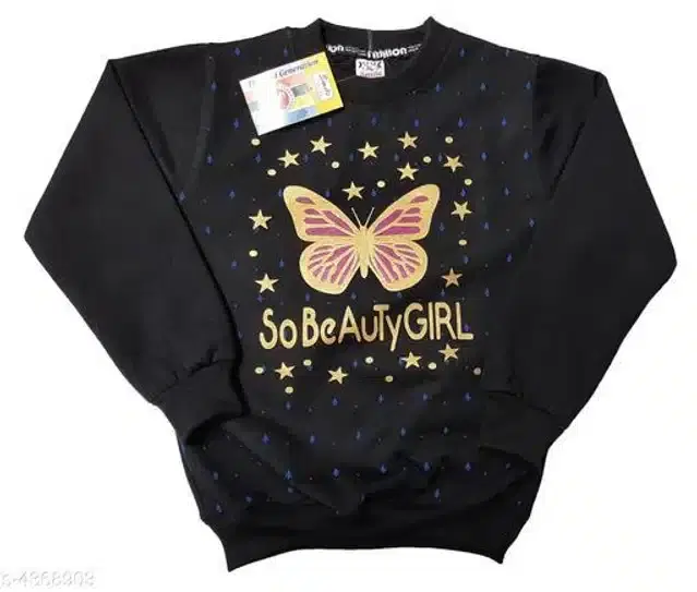Fleece Printed Full Sleeves Round Neck Sweatshirt for Girls (Black & Gold, 3-4 Years)