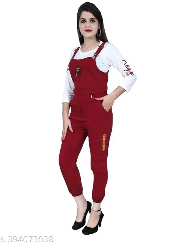 Cotton Blend Dungaree for Women (Maroon, M)