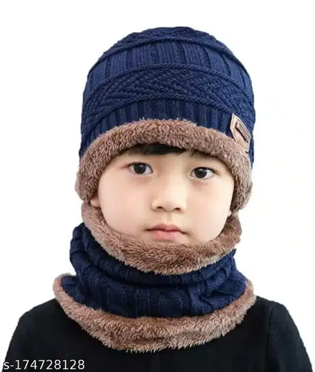 Woolen Winter Beanie Cap with Neck Warmer for Kids (Navy Blue, 5-14 Years)