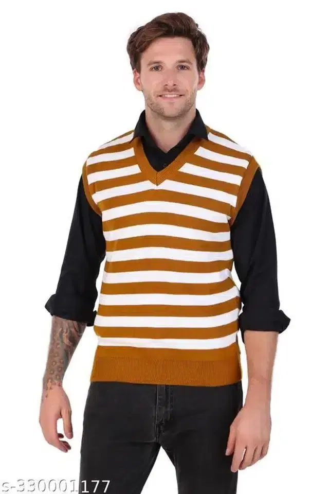 Acrylic Sleeveless Sweater for Men (Mustard & White, M)